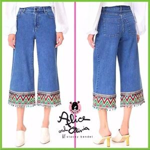 Alice + Olivia Beta Wide Leg Embroidered Gaucho Denim Jeans in SIZE 25